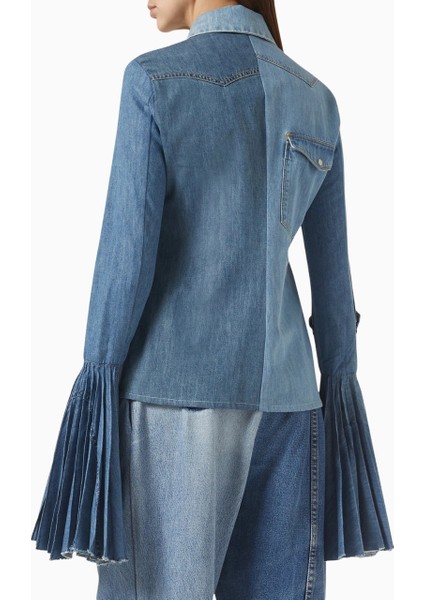 Mode Recycled Denim Bell-Sleeve Lüks Kadın Gömlek modelleri