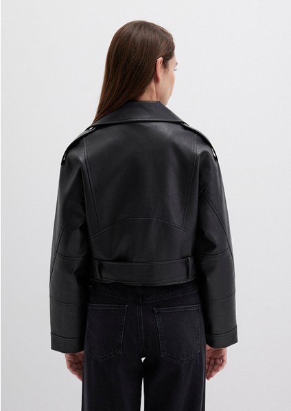 Siyah Suni Deri Crop Ceket 1110375-900 indirimleri