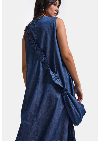 Kadın Koyu Mavi Oversize 2'li Tasarım Çanta ve Elbise modelleri