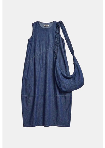 Kadın Koyu Mavi Oversize 2'li Tasarım Çanta ve Elbise