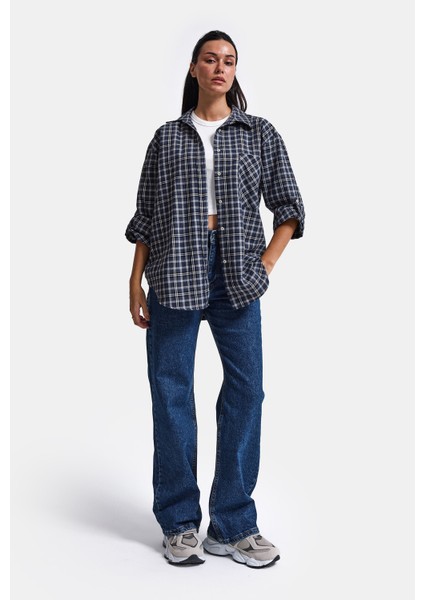 Kadın Gri Laci Ekose W6-54 Oversize Gömlek