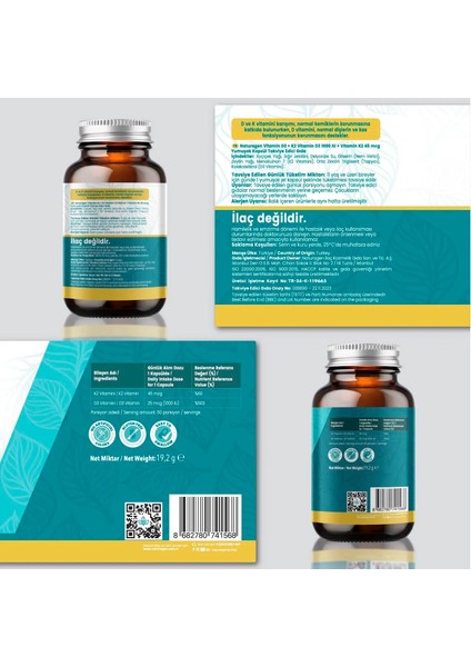 Vitamin D3 + K2 1000 IU 60 Softgel Kapsül Gluten Free TR Menşeli Takviye Edici Gıda fiyatları