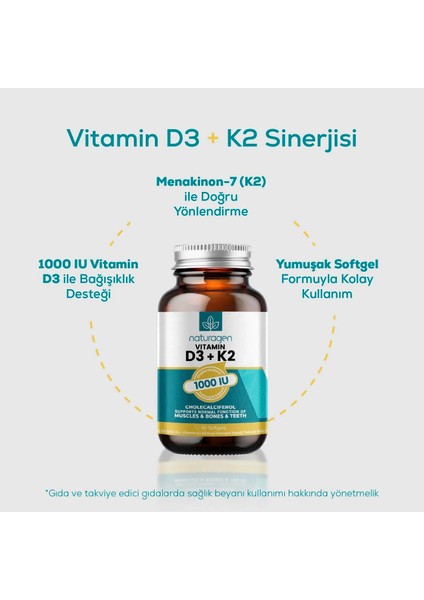 Vitamin D3 + K2 1000 IU 60 Softgel Kapsül Gluten Free TR Menşeli Takviye Edici Gıda fırsatları