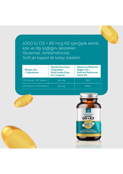 Vitamin D3 + K2 1000 IU 60 Softgel Kapsül Gluten Free TR Menşeli Takviye Edici Gıda indirimleri