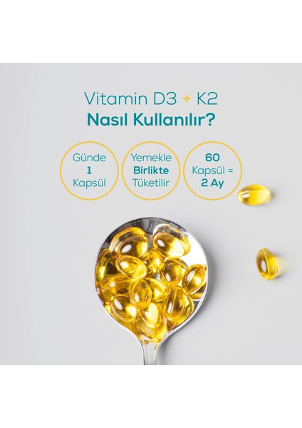 Vitamin D3 + K2 1000 IU 60 Softgel Kapsül Gluten Free TR Menşeli Takviye Edici Gıda