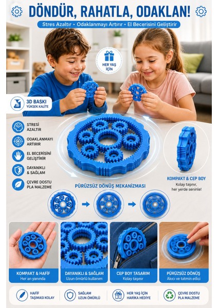 Mavi Stres Çarkı / Fidget Spinner/ Dişli Çark modelleri
