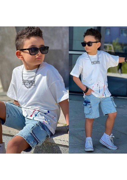 Future Baskı Basic Mavi Komando Cepli Şort Erkek Çocuk Alt Üst Takım modelleri