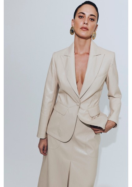 Tek Çıtçıtlı Deri Blazer Ceket Krem KK016015_047 fiyatları