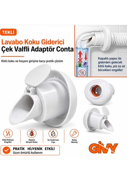 Givy Lavabo Gideri Koku Önleyici Çekvalfli Adaptör Conta | Sifon Gider Koku Giderici Çek Valf Conta Muff