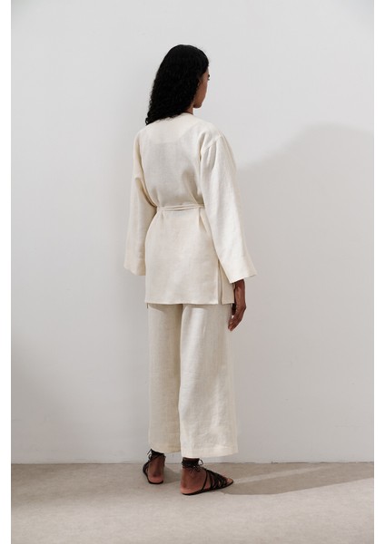Keten Kruvaze Kapama Kimono Vanilya fırsatları