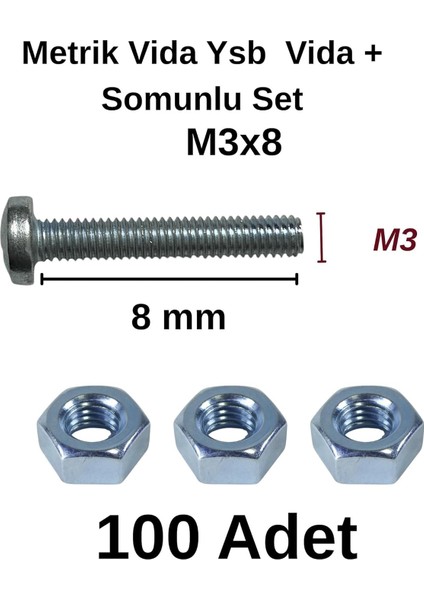 M3X8MM Metrik Vida Ysb - Somunlu 100'LÜ Takım modelleri