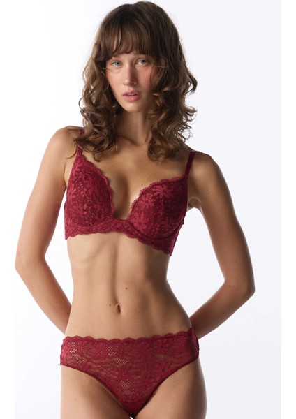 Bordo Yoğun Push Up Dantelli Sütyen