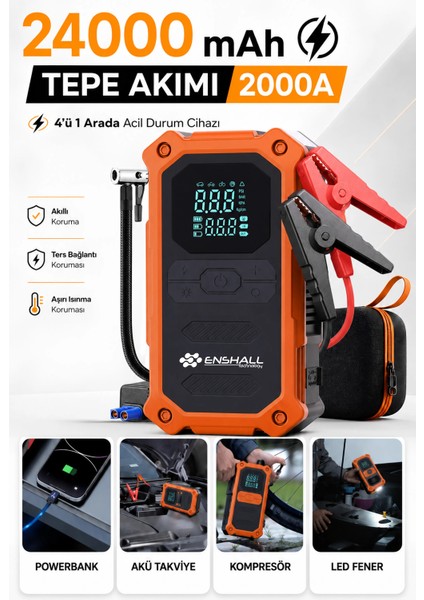 Enshall 24.000MAH PRO Model Şarjlı Powerbank Özellikli Çantalı 2000A Tepe Akımlı Akü Takviye Cihazı Oto Hava Kompresör