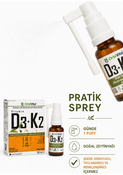 D3K2 Vitamini Dilaltı Sprey 20,1 ml | 25 mcg D3 Vitamini ve 50 mcg K2 Vitamini modelleri
