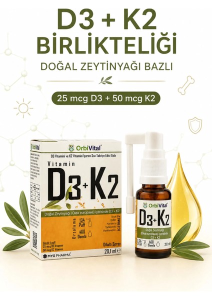 D3K2 Vitamini Dilaltı Sprey 20,1 ml | 25 mcg D3 Vitamini ve 50 mcg K2 Vitamini indirimleri