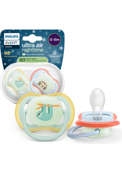 Philips Avent Ultra Air Gece Emziği, Ortadontik, Karanlıkta Parlayan, 0-6 Ay, Erkek, SCF376/24