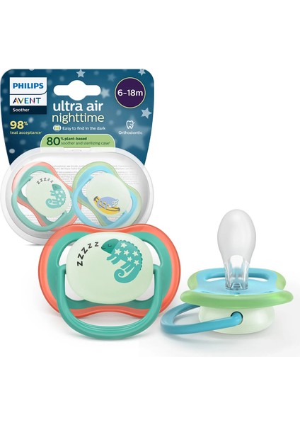 Philips Avent Ultra Air Gece Emziği, Ortadontik, Karanlıkta Parlayan,  6-18 Ay, Erkek, SCF376/28