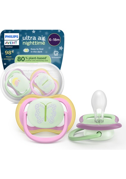 Philips Avent Ultra Air Gece Emziği, Ortadontik, Karanlıkta Parlayan, 6-18 Ay, Kız, SCF376/29