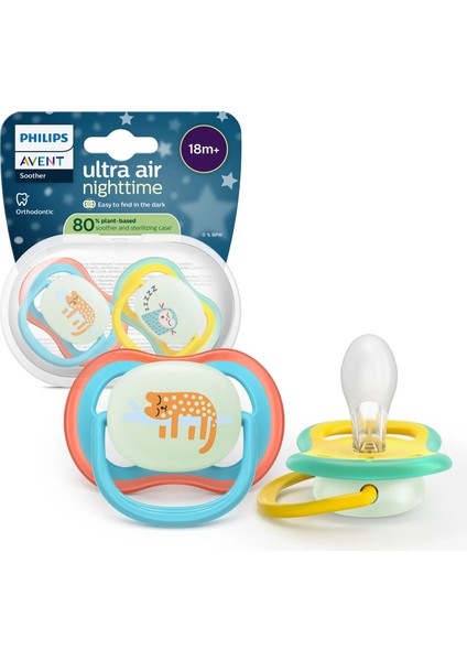Philips Avent Ultra Air Gece Emziği, Ortadontik, Karanlıkta Parlayan, 18+ Ay, Erkek, SCF376/32