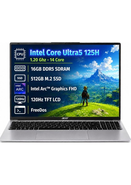 Acer Aspire Lite AL16-71P Intel Core Ultra 5 125H 16GB 512GB SSD Freedos 15.6'' FHD Taşınabilir Bilgisayar NX.DCLEY.001