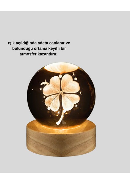 Dekoratif Yonca Görünümlü Işıklı Kristal Cam Küre USB Masa Gece Lambası modelleri