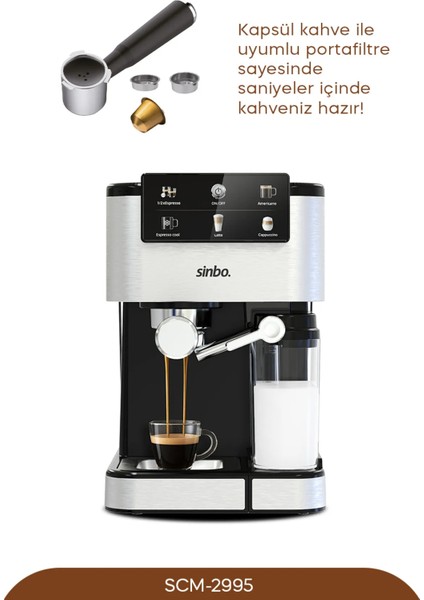 SCM 2995 Kapsül Kahve Aparatlı Inox Espresso Makinesi 1350 W Caffè Latte İçecek Türü