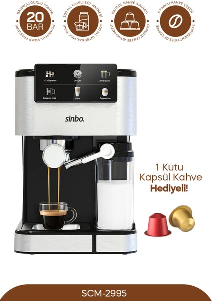 SCM 2995 Kapsül Kahve Aparatlı Inox Espresso Makinesi 1350 W Caffè Latte İçecek Türü