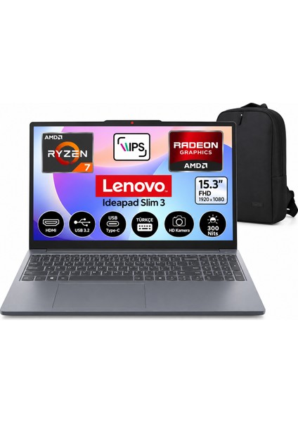 Lenovo Ideapad Slim 3 Amd Ryzen 7 170 16GB 512GB SSD Windows 11 Pro 15.3" Amd Radeon™ 680M Taşınabilir Bilgisayar 83K700PSTR + Snertech Çanta