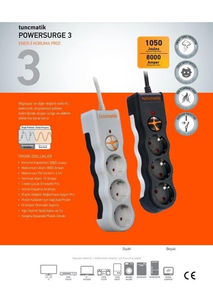 TSK19009 Powersurge 3-Surge Protectıon PLUG-1050 Joule-Wıth Cable Beyaz modelleri