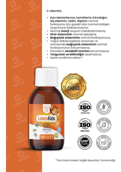 Labex Kids Çinko Kekik Beta Glukan Karamürver Çocuk Multivitamin Şurup 150 ML indirimleri