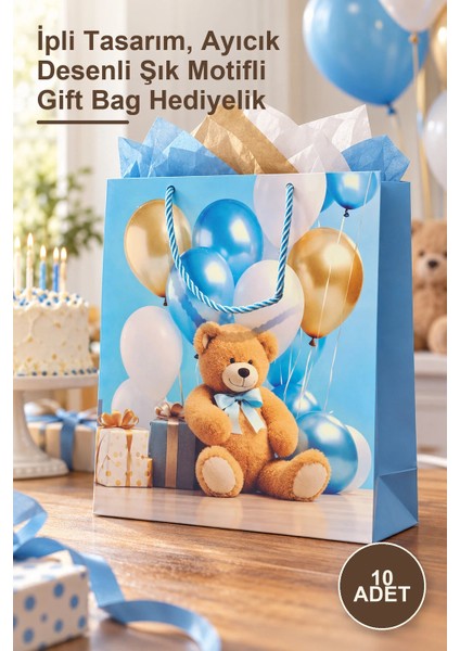 Yenilig 10 Adet Büyük Boy Karton Hediye Çantası – Ipli Tasarım, Ayıcık Desenli Şık Motifli Gift Bag Hediyelik