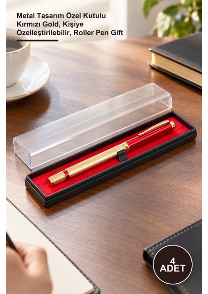 Yenilig 4 Adet Hediyelik Roller Kalem – Metal Tasarım Özel Kutulu Kırmızı Gold, Kişiye Özelleştirilebilir, Roller Pen Gift