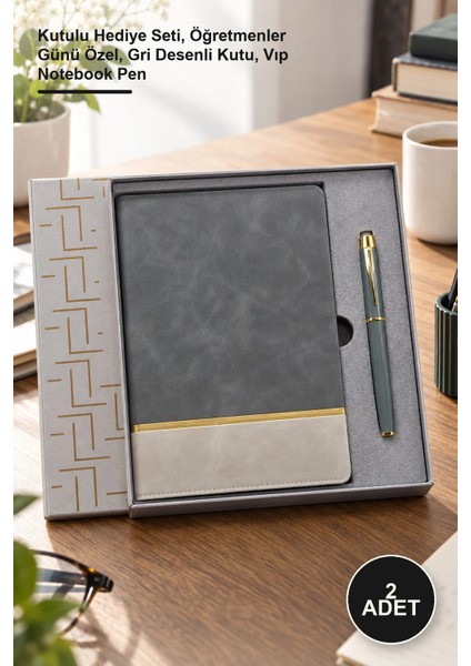 Yenilig 2 Adet Deri Defter ve Metal Kalem Seti – Kutulu Hediye Seti, Öğretmenler Günü Özel, Gri Desenli Kutu, Vıp Notebook Pen