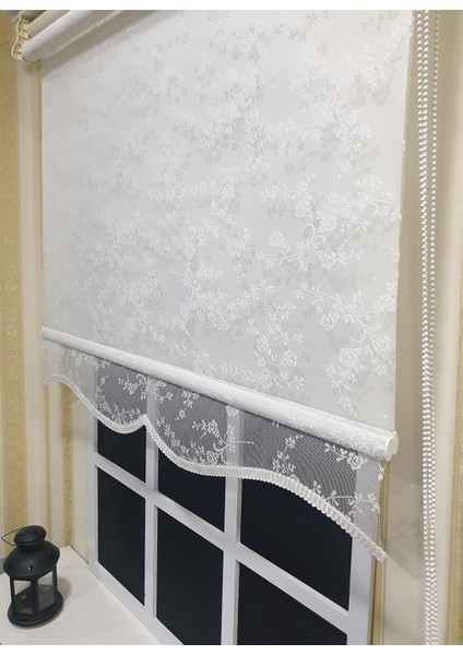 Çiftli Sistem Modern Beyaz Çiçekli Tül Ekru Stor Perde STB4003 fiyatları