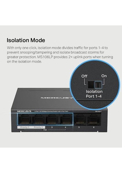MS106LP, 6-Port 10/100MBPS Desktop Switch With 4-Port Poe+