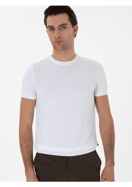 White Slim Fit Crew Neck Knit T-Shirt modelleri