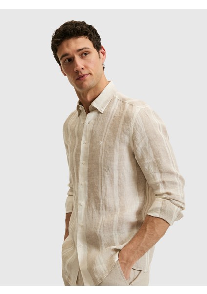 Beige Regular Fit 100% Linen Button-Down Collar Striped Shirt fiyatları