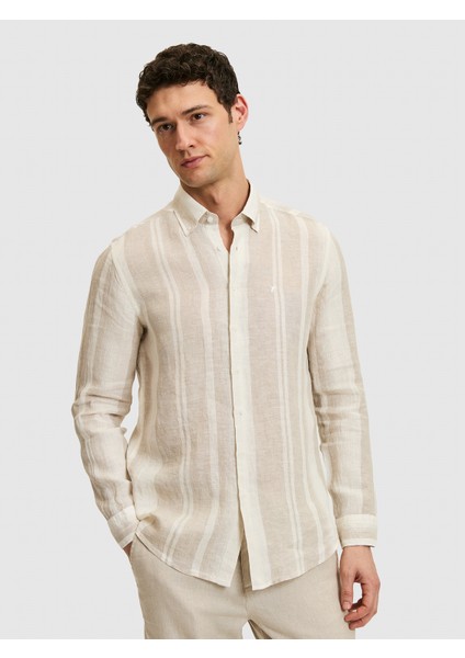 Beige Regular Fit 100% Linen Button-Down Collar Striped Shirt modelleri