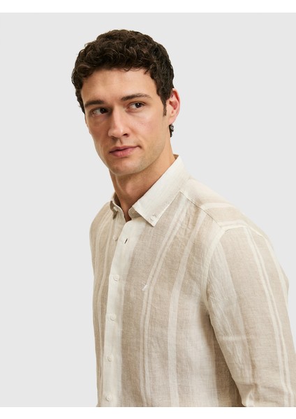 Beige Regular Fit 100% Linen Button-Down Collar Striped Shirt fırsatları