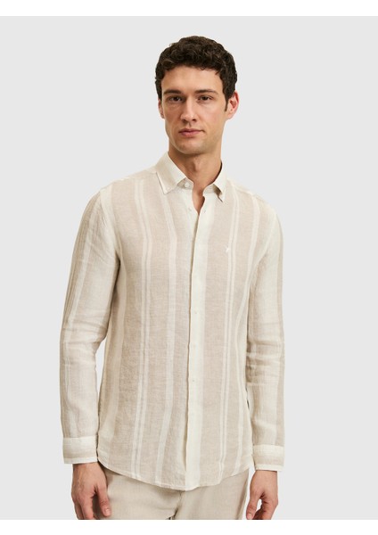 Beige Regular Fit 100% Linen Button-Down Collar Striped Shirt indirimleri