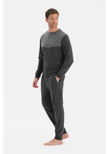 Anthracite Melange Panel Detail Long Sleeve Pajama Set modelleri
