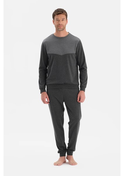 Anthracite Melange Panel Detail Long Sleeve Pajama Set fırsatları