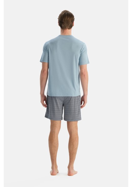 Light Blue Short Sleeve Half Placket T-Shirt And Shorts Set fiyatları