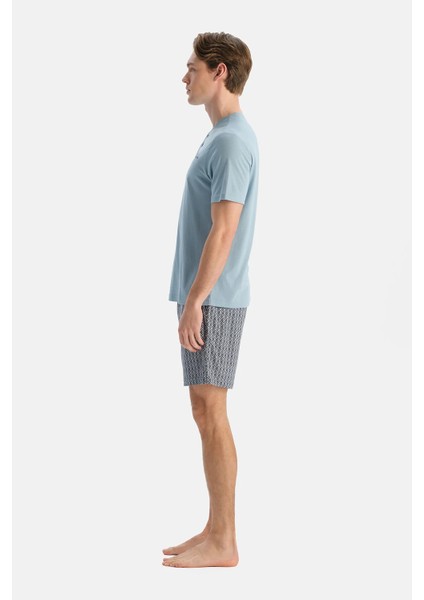 Light Blue Short Sleeve Half Placket T-Shirt And Shorts Set modelleri