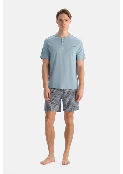 Light Blue Short Sleeve Half Placket T-Shirt And Shorts Set fırsatları