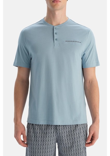 Light Blue Short Sleeve Half Placket T-Shirt And Shorts Set indirimleri