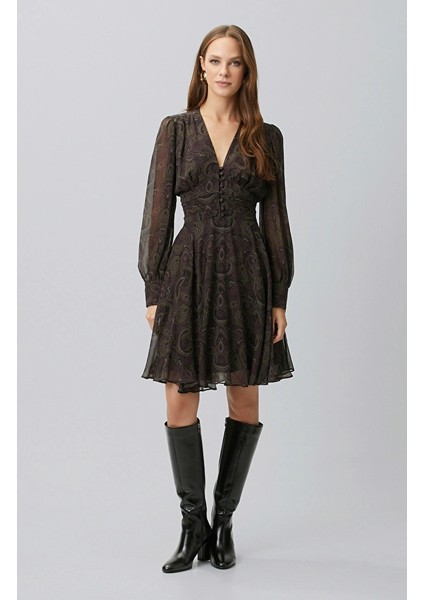 Plum Patterned Mini Chiffon Dress fırsatları