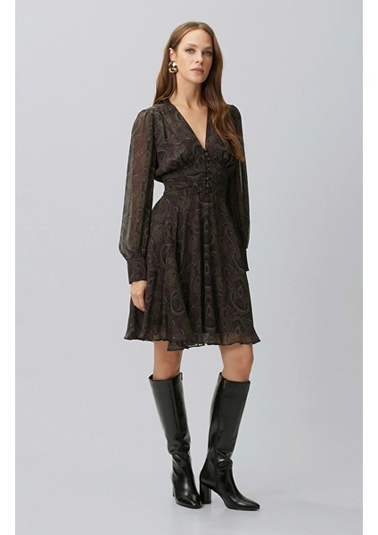 Plum Patterned Mini Chiffon Dress indirimleri