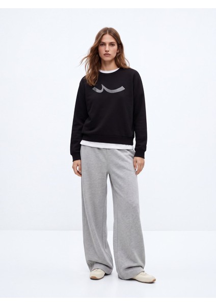 Regular Fit Sign Baskılı Bisiklet Yaka Siyah Sweatshırt fiyatları