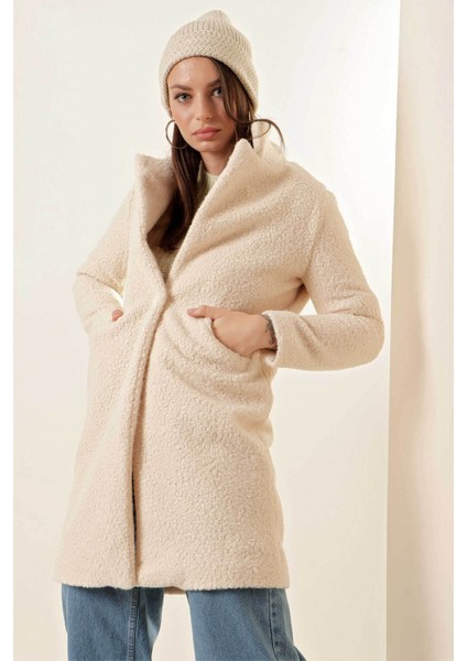 Oversize Kaşe Ekru Kadın Kaban 9082 modelleri